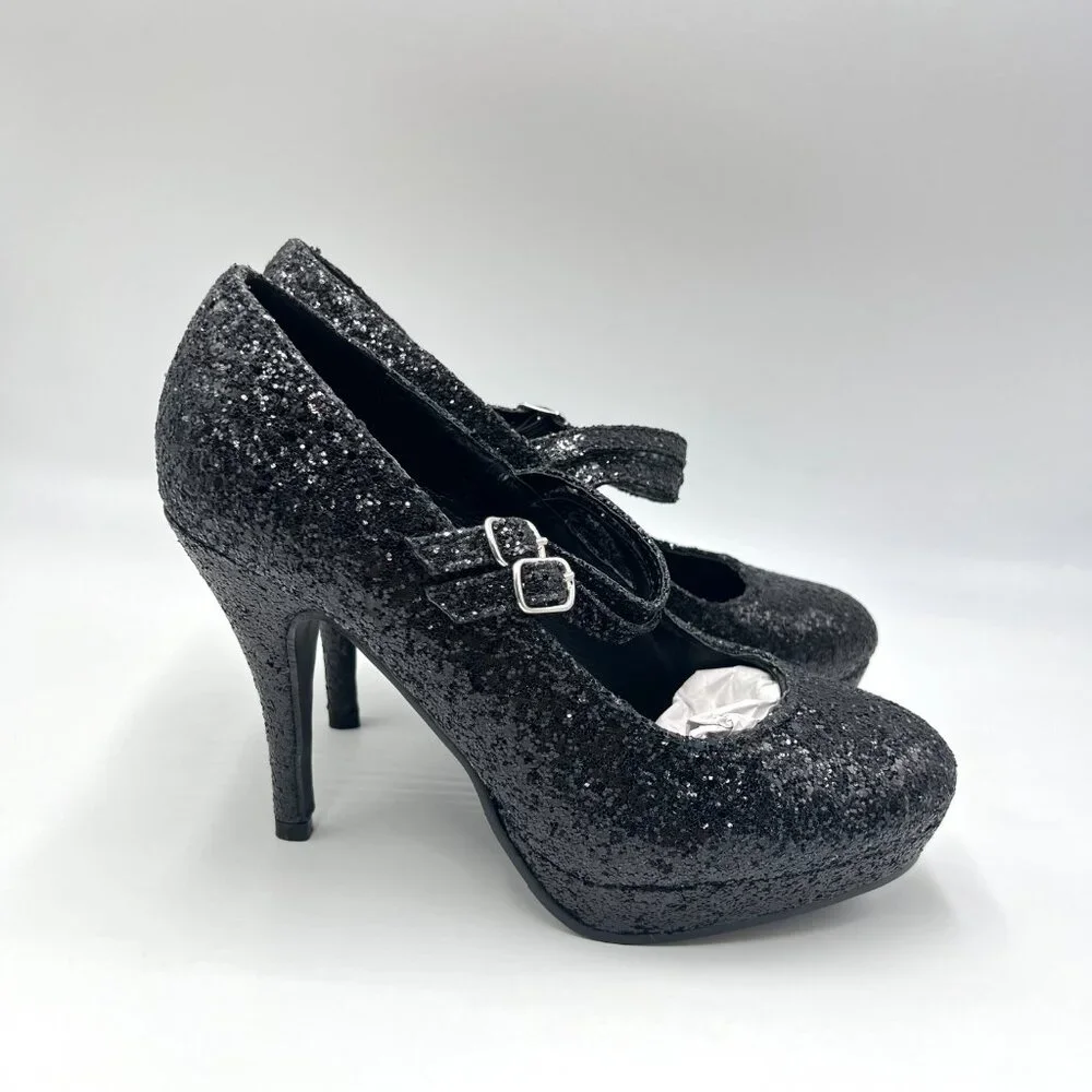Ellie Size 8 8M Black‎ Glitter Platform Mary Jane Stiletto Heels Pumps Shoes
